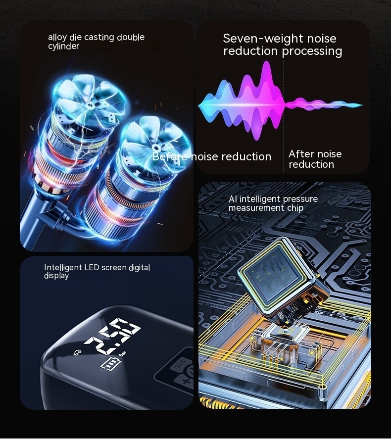 Auto AirGo portable inflator features dual cylinders, noise reduction, AI pressure chip, and a digital LED display.