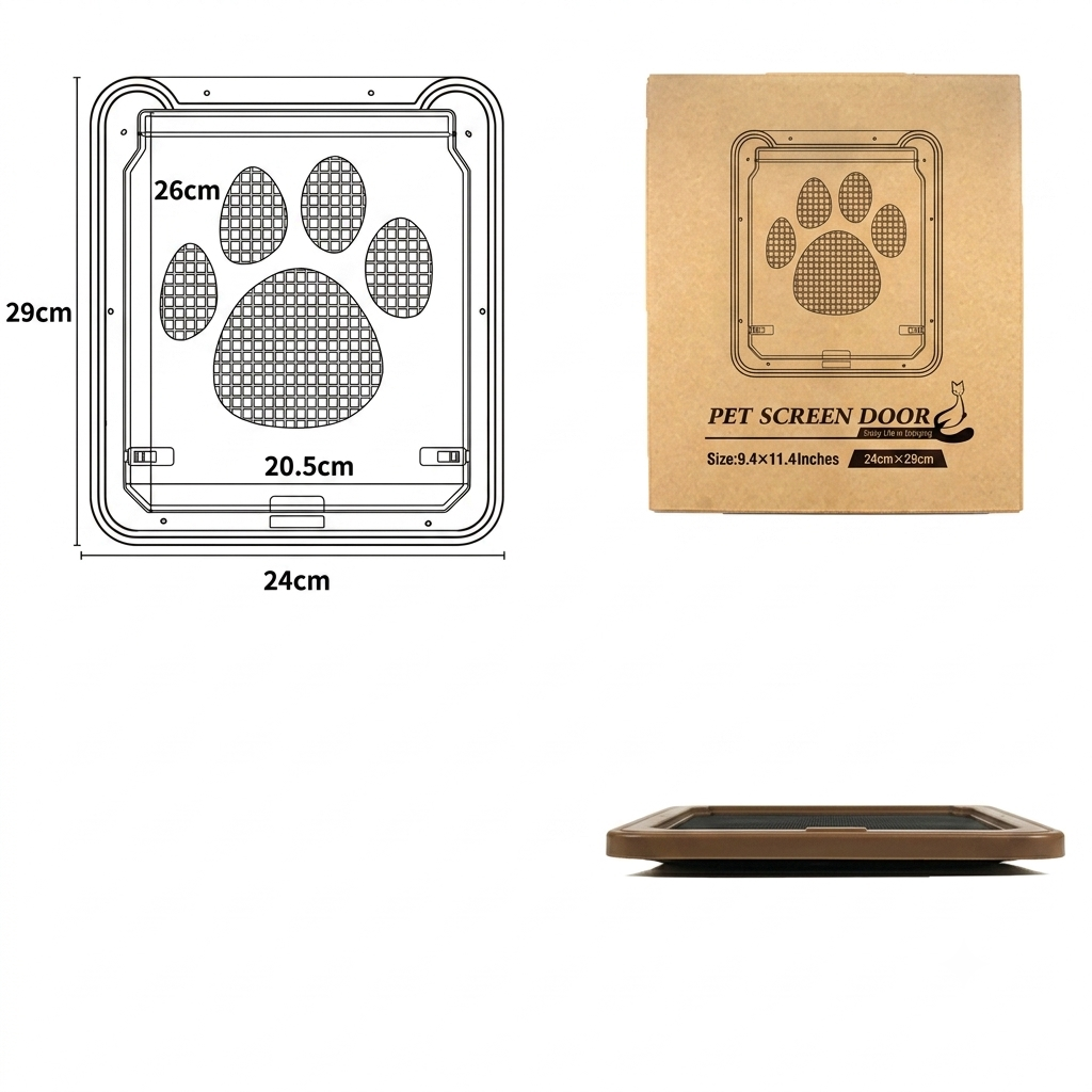 Scratchproof pet screen door with paw-print mesh, shown with dimension diagrams, branded packaging, and side profile.