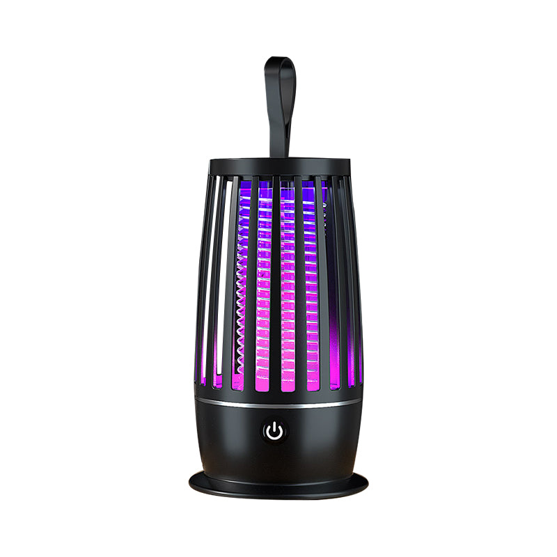 Black cylindrical mosquito zapper lantern with a hanging strap and a glowing purple internal light.