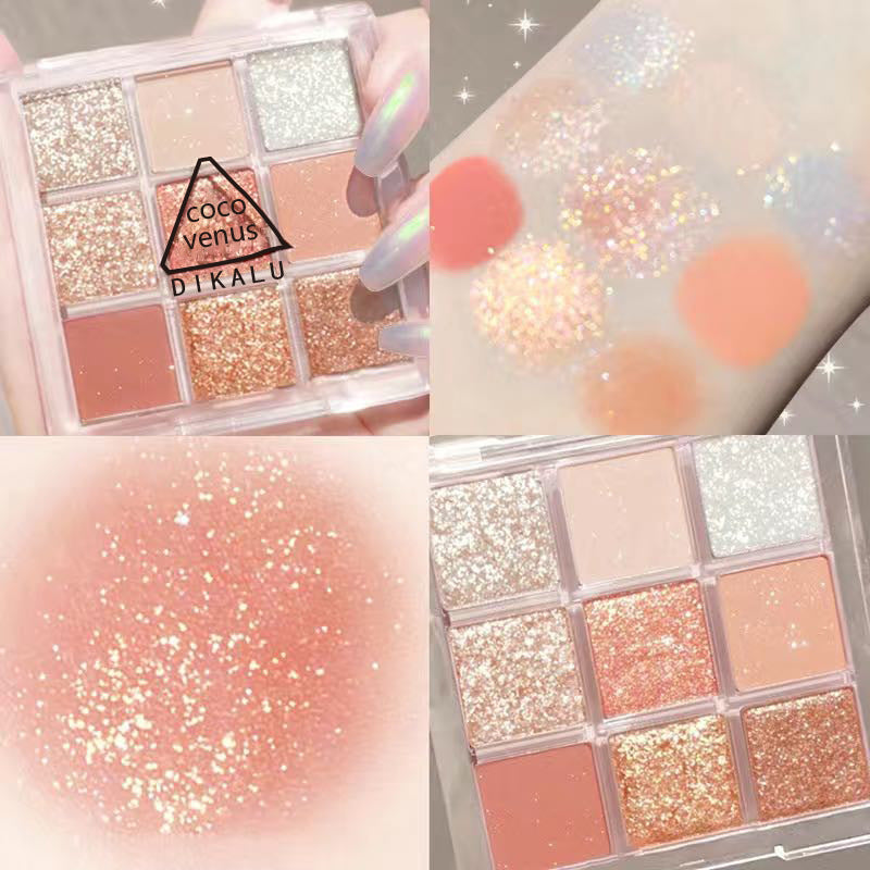 DIKALU 9-color eyeshadow palette featuring matte and shimmering peach, gold, and champagne tones in a clear case.