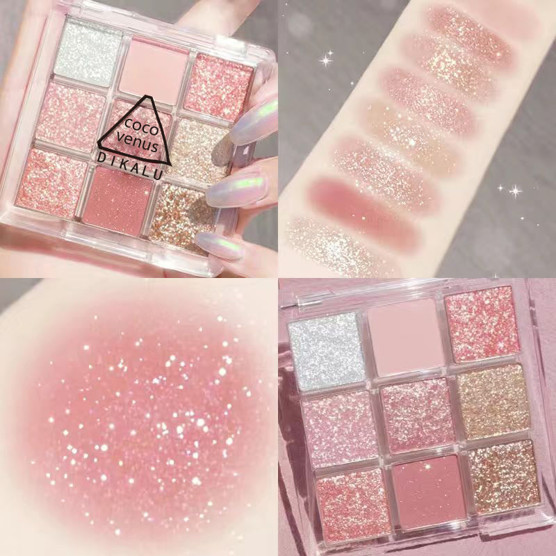 DIKALU 9-color eyeshadow palette featuring shimmering pinks, golds, and silver glitter shades in a clear case.