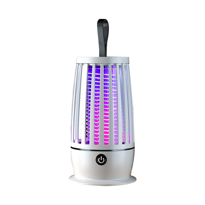 White portable smart mosquito zapper lantern with a hanging strap, glowing purple inner grid, and power button.