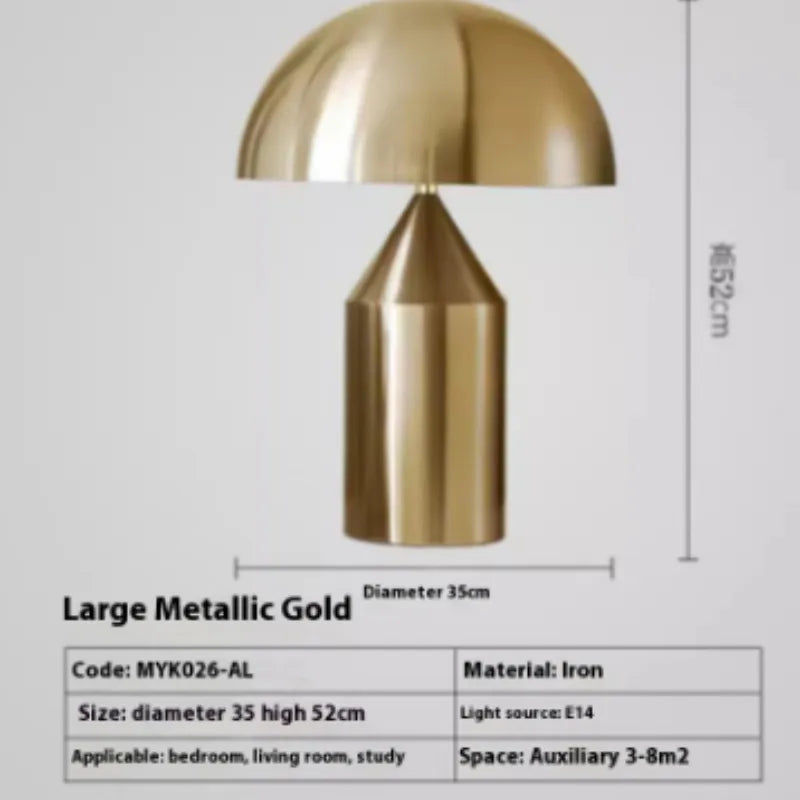 Modern, metallic gold mushroom-style desk lamp with a cylindrical base and dome shade, including technical dimensions.