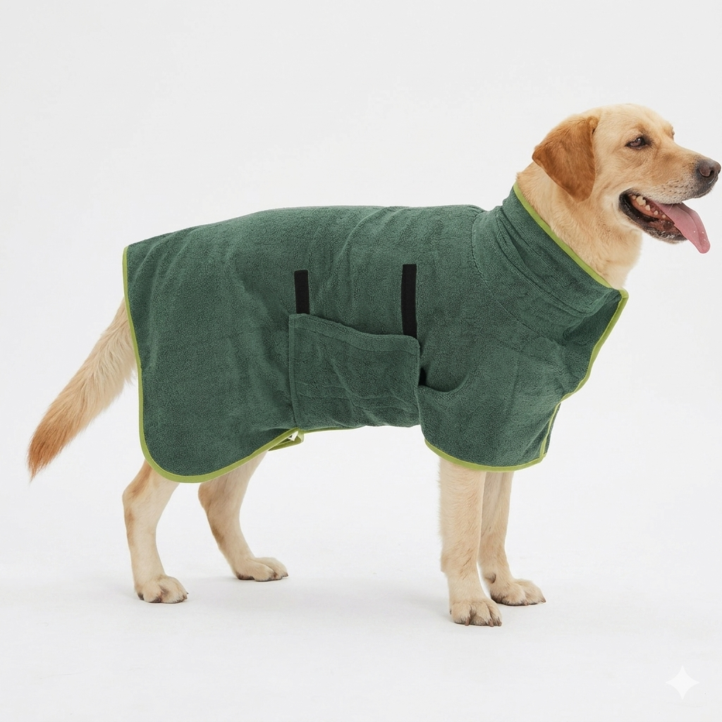 Yellow Labrador wearing a forest green, quick-dry pet bathrobe with light green trim and velcro closures.