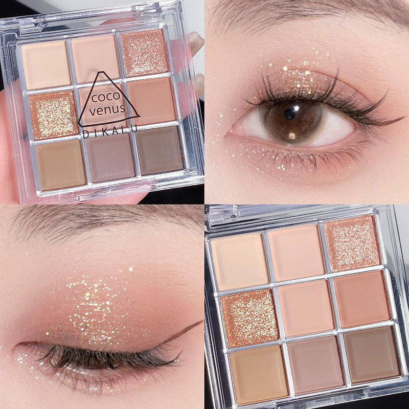 DIKALU 9-color eyeshadow palette with matte and glitter neutral tones, shown applied on eyelids for a shimmery look.