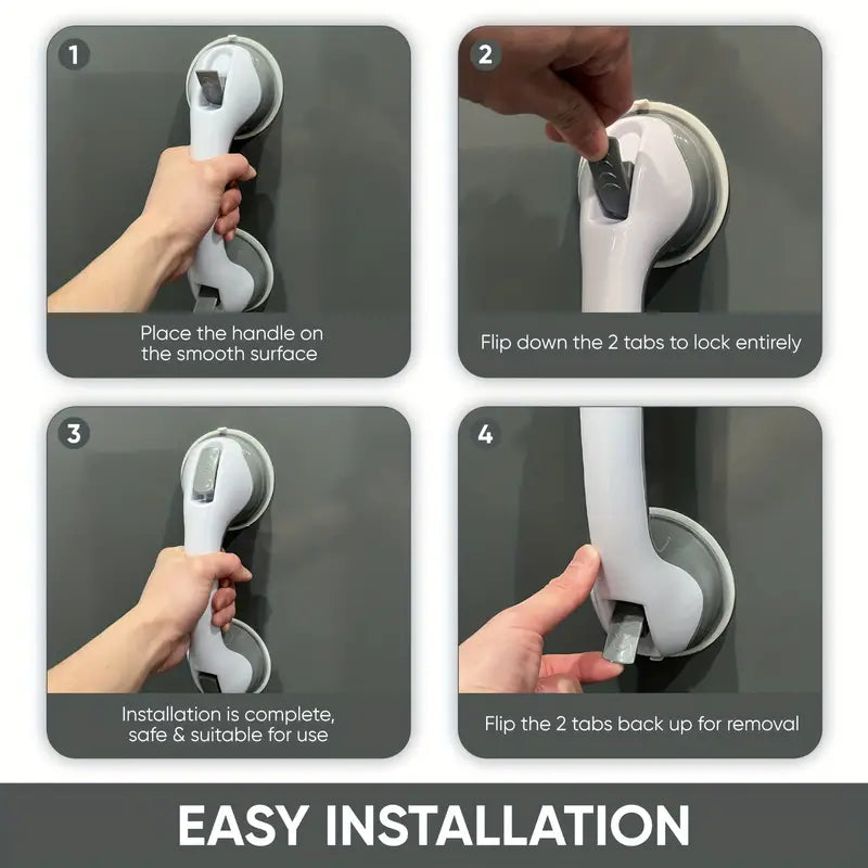 Four-step instruction panel showing a white and grey suction-cup safety grab bar being installed on a smooth wall.