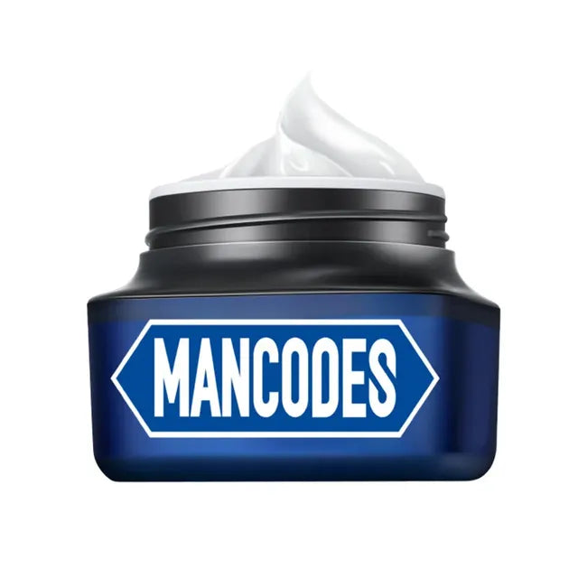 MANCODES men's hydrating BB cream in a blue jar with a white screw-top lid and a swirl of white cream on top.