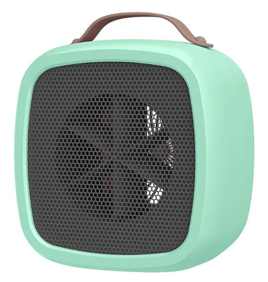 Mint green portable 500W space heater with a rounded square design, honeycomb grille, and brown carrying handle.