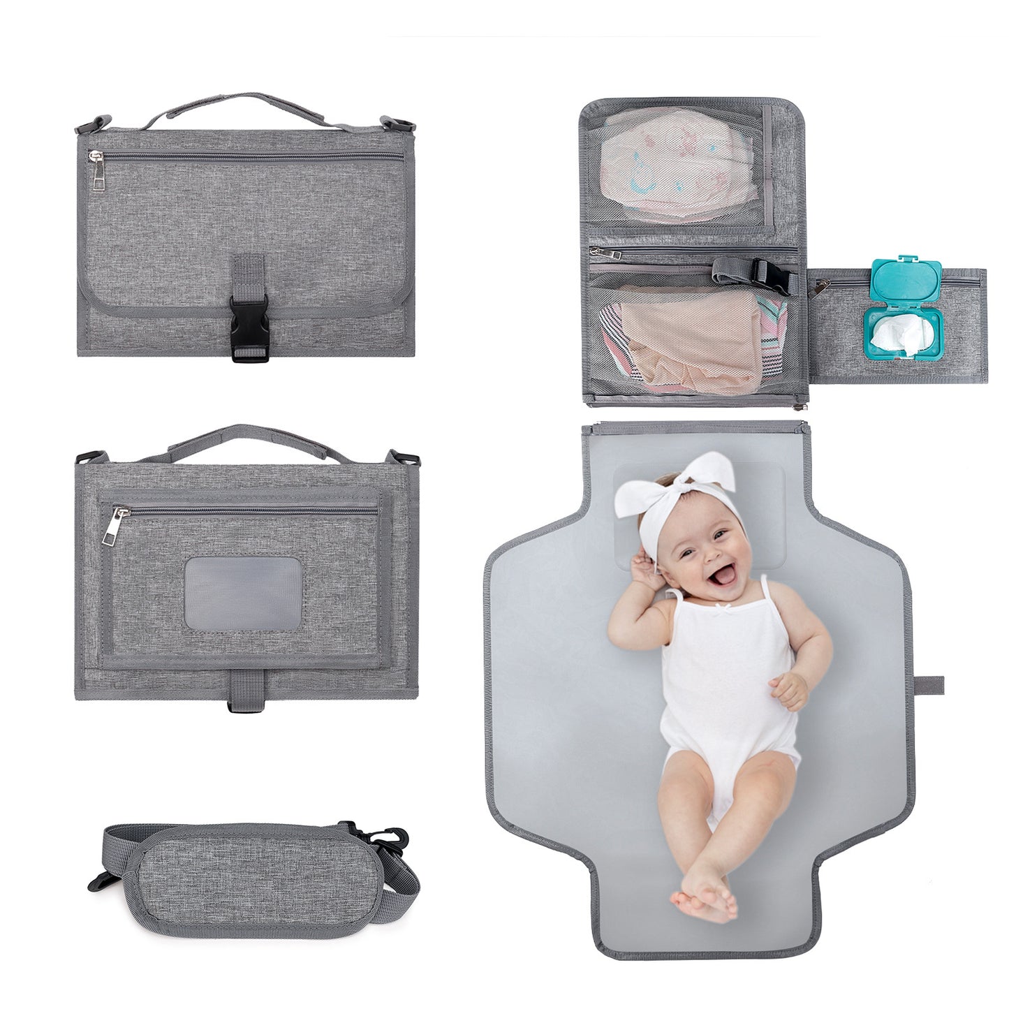 Grey portable baby changing mat that folds into a clutch with mesh storage pockets and a happy baby lying on it.