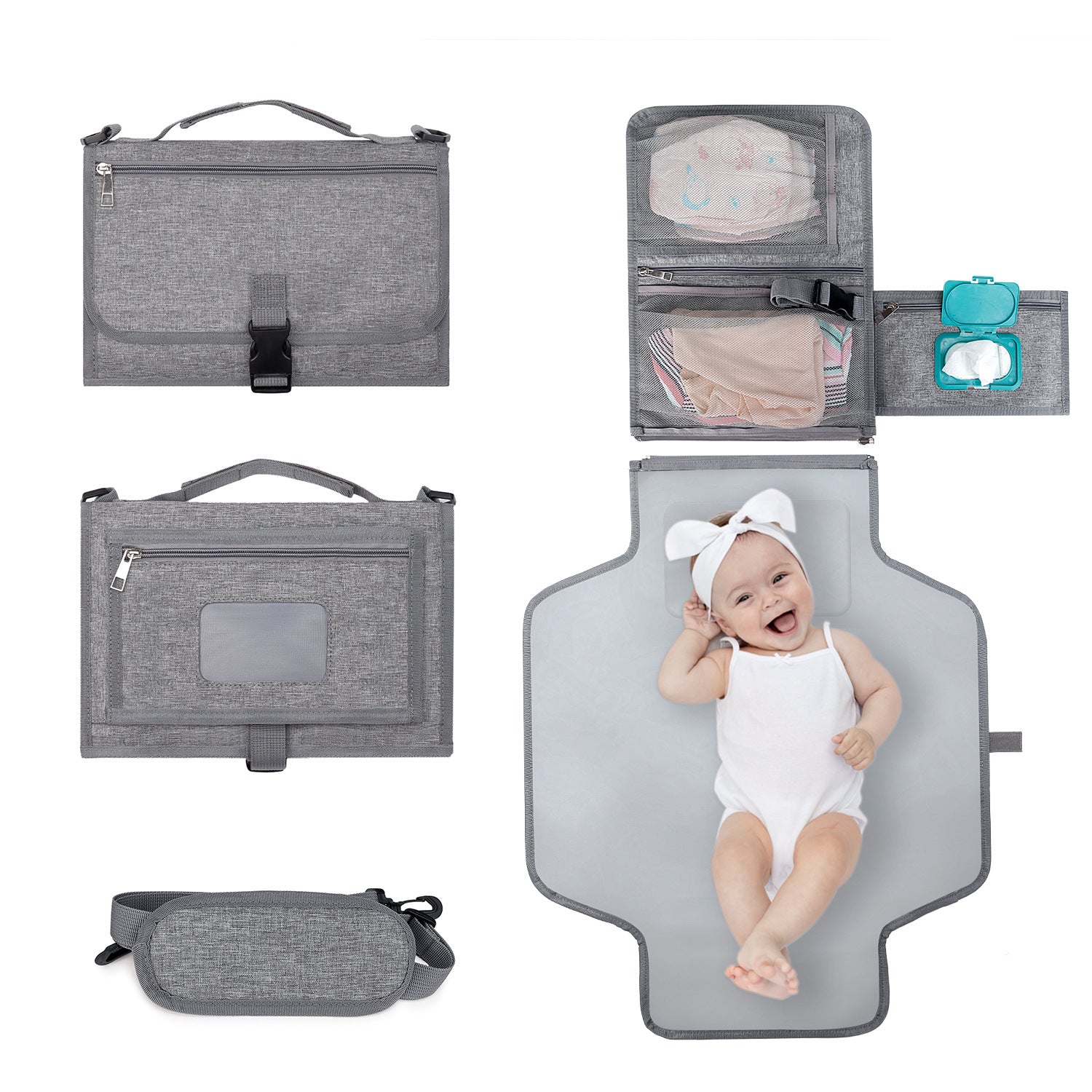 Grey portable baby changing mat that folds into a clutch with mesh storage pockets and a happy baby lying on it.