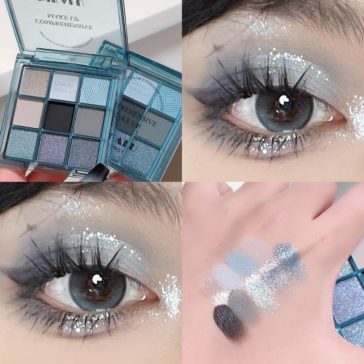 DIKALU 9-color cool-toned blue and grey eyeshadow palette with shimmering, matte, and glitter finishes on skin swatches.