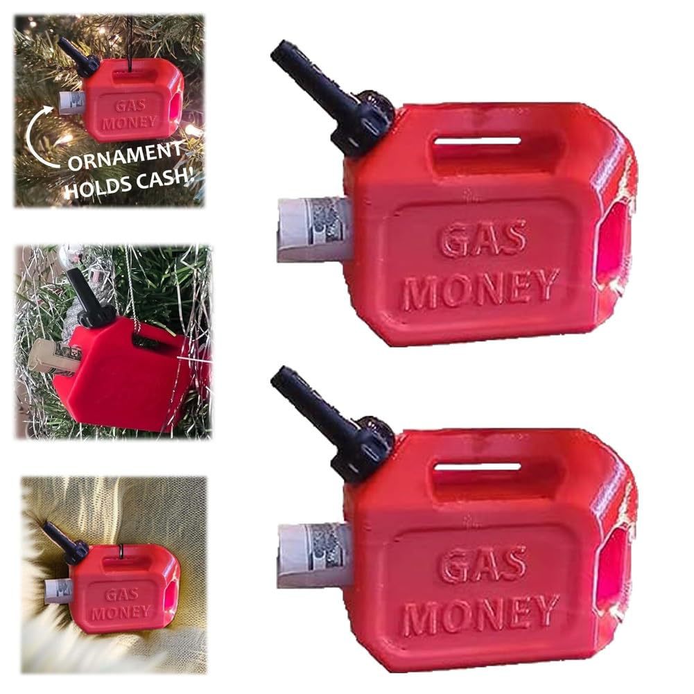 Red plastic fuel can Christmas ornament with "GAS MONEY" embossed on the side, designed to hold rolled-up cash.