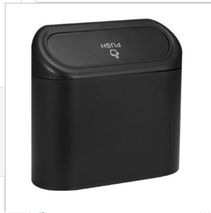 Black, rectangular collapsible auto bin with a push-to-open lid featuring a hand icon and "PUSH" text.