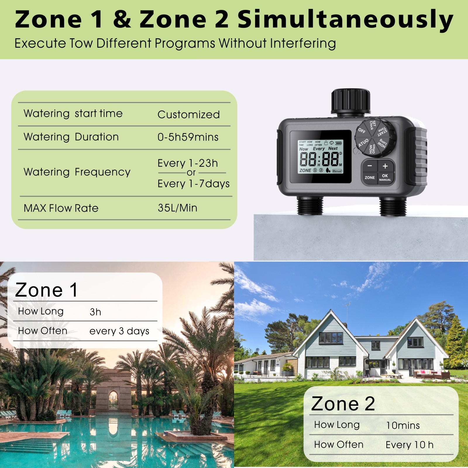 Smart dual-channel garden timer with digital LCD display, two outlet ports, and control dial in matte grey.