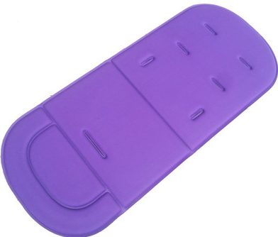 Bright purple universal baby stroller seat cushion with harness slots, isolated against a plain white background.