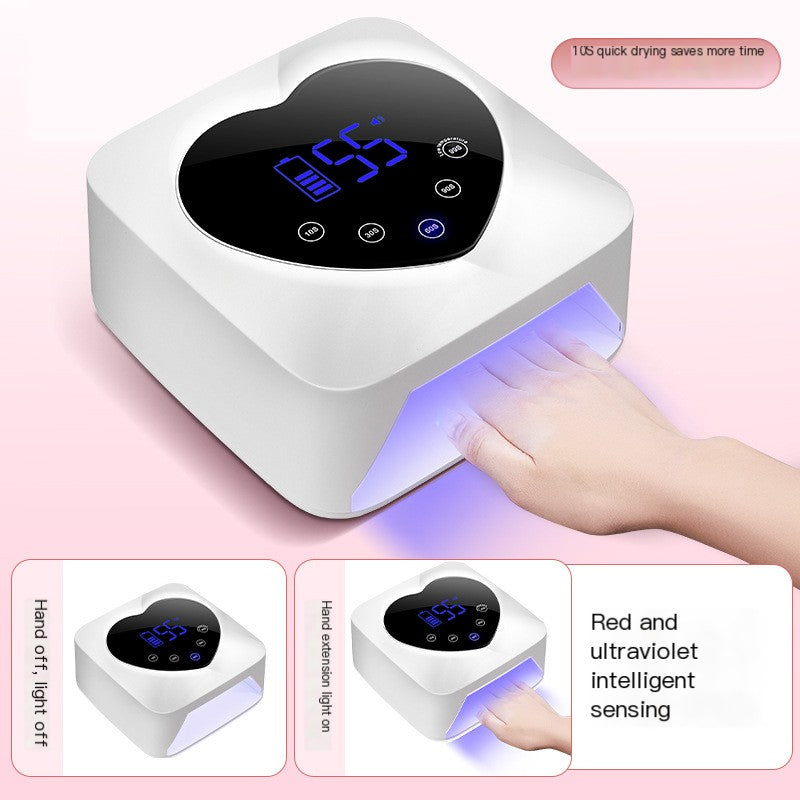 White cordless X20 nail cure lamp with a heart-shaped touch screen, digital timer display, and blue LED curing light.
