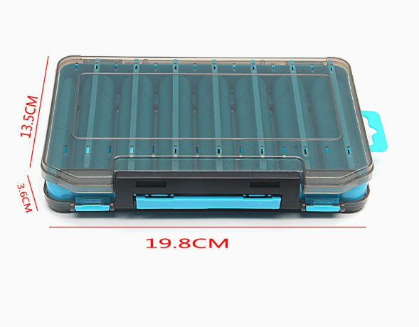 Clear, twin-sided fishing tackle organizer with teal interior, dark grey casing, black latches, and dimension labels.