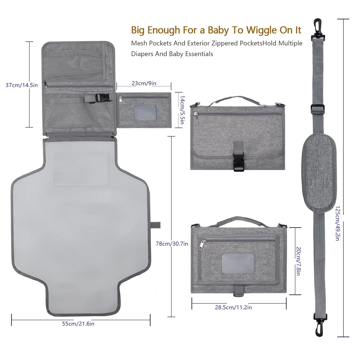 Grey, foldable baby travel mat with mesh storage pockets, zippered compartments, and an adjustable shoulder strap.