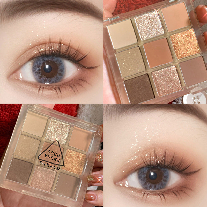 DIKALU 9-color eyeshadow palette in neutral sunset tones, featuring matte and glitter finishes with an eye makeup look.