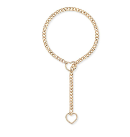 Gold-tone y-shaped lariat necklace featuring a chic curb chain and two hollow heart accents.