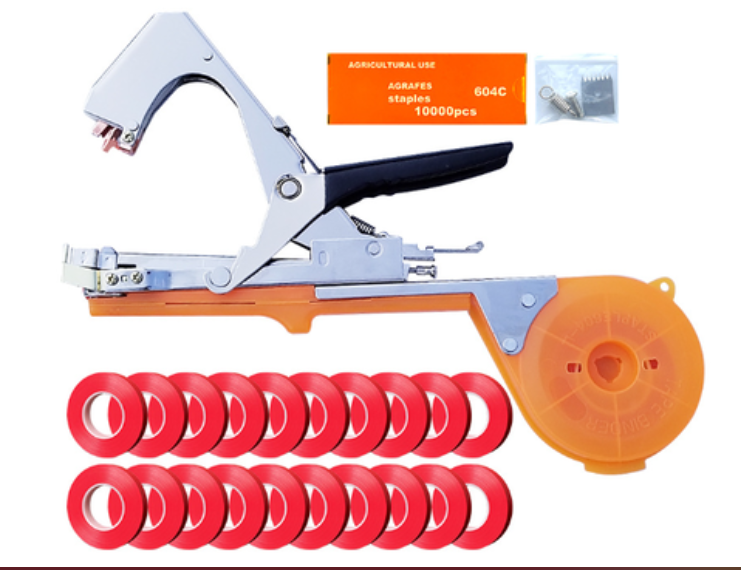 Garden plant tying tool with orange tape dispenser, box of 10,000 staples, spare parts, and 20 rolls of red tape.