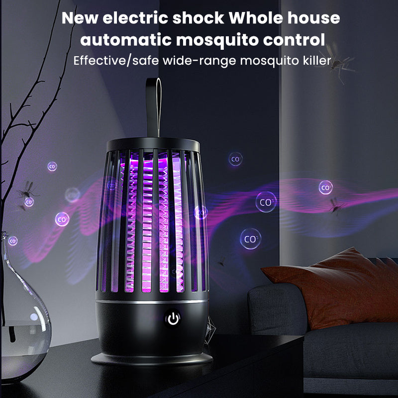 Black cylinder-shaped smart mosquito zapper lantern with a purple glowing light, hanging strap, and power button.