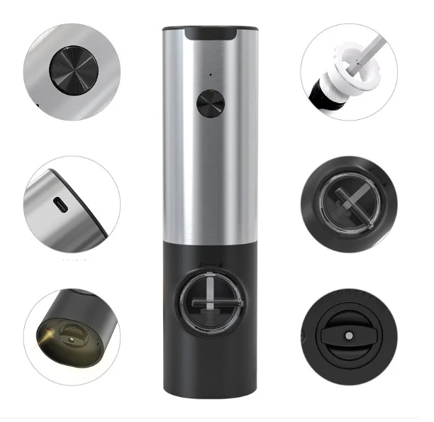 EasyGrind stainless steel and black electric pepper mill with push-button top, USB charging port, and grinder details.