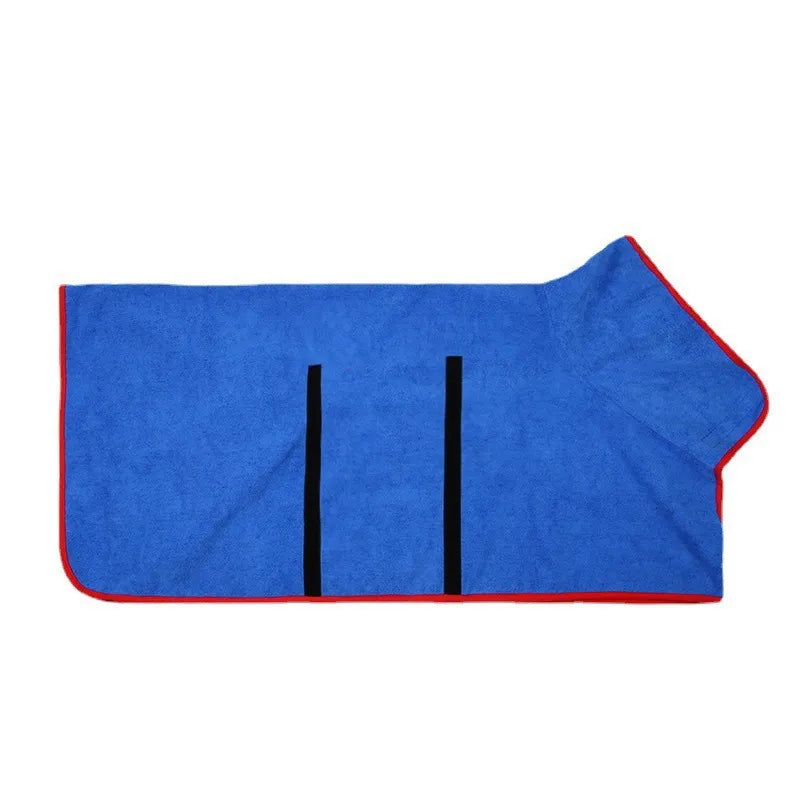 Blue quick-dry pet bathrobe with a red trim and two black vertical straps against a white background.