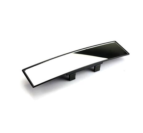 Black panoramic car rearview mirror with a slim frame and two mounting clips on a white background.