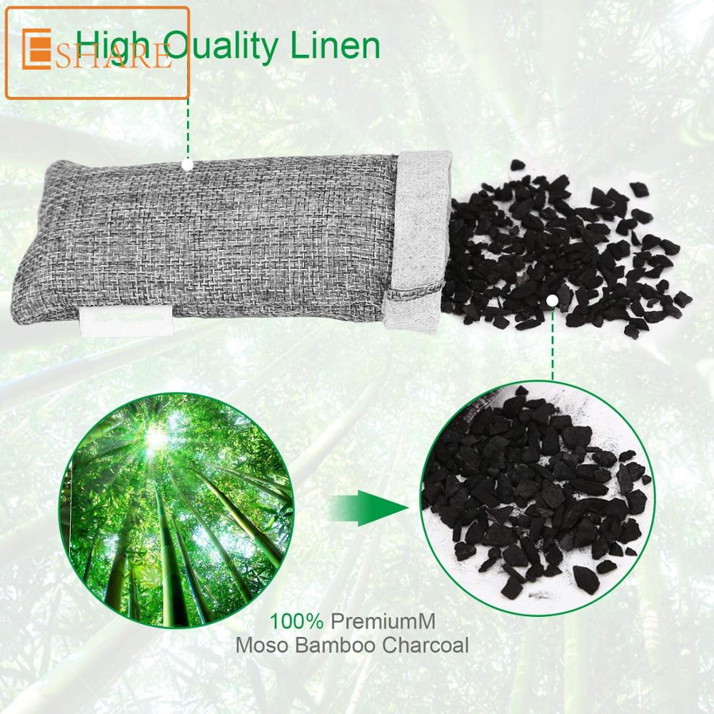 Grey linen bag filled with black bamboo charcoal pieces, shown with bamboo forest and charcoal detail insets.