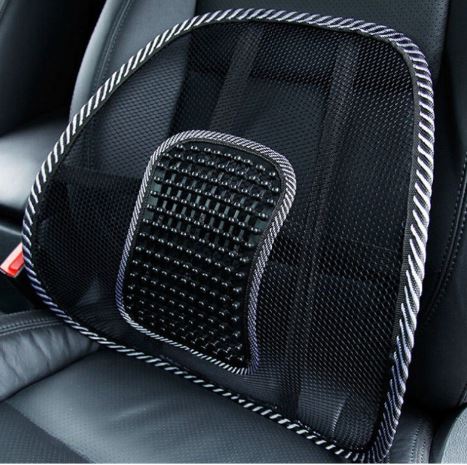 Black ergonomic mesh back support cushion with a central beaded massage panel, installed on a car seat.
