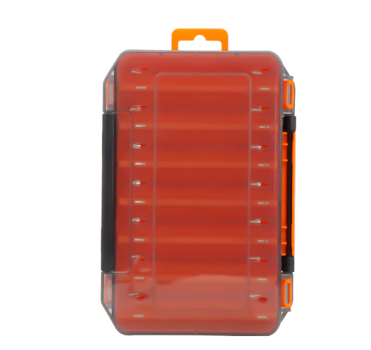 Twin-sided tackle box with a translucent orange shell, black latches, and an integrated orange carry handle.