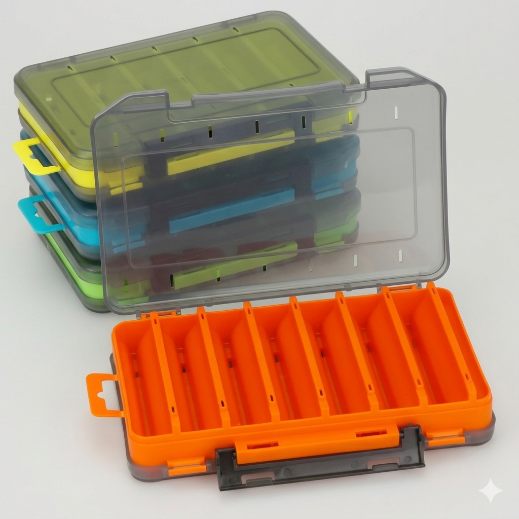 Stack of twin-sided, multi-colored fishing tackle organizers with translucent grey lids and bright orange compartments.
