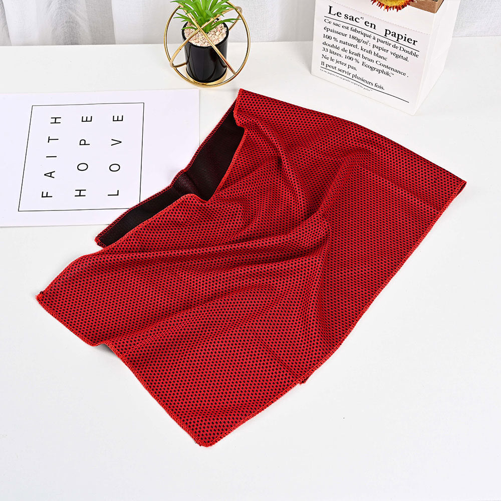 SwiftCool red and black mesh outdoor activity towel, featuring a textured, breathable cooling fabric design.