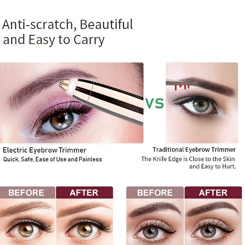 Comparison chart showing a gold and white electric eyebrow trimmer versus a traditional blade, with before-after results.