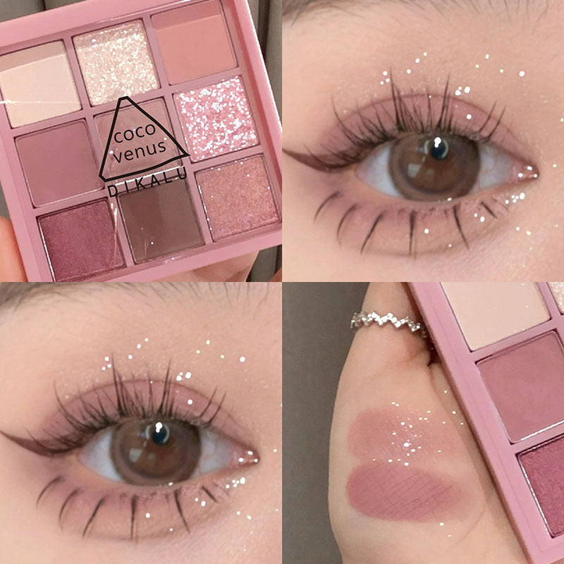 DIKALU 9-color eyeshadow palette in pink tones featuring matte, shimmer, and glitter shades applied to an eye.
