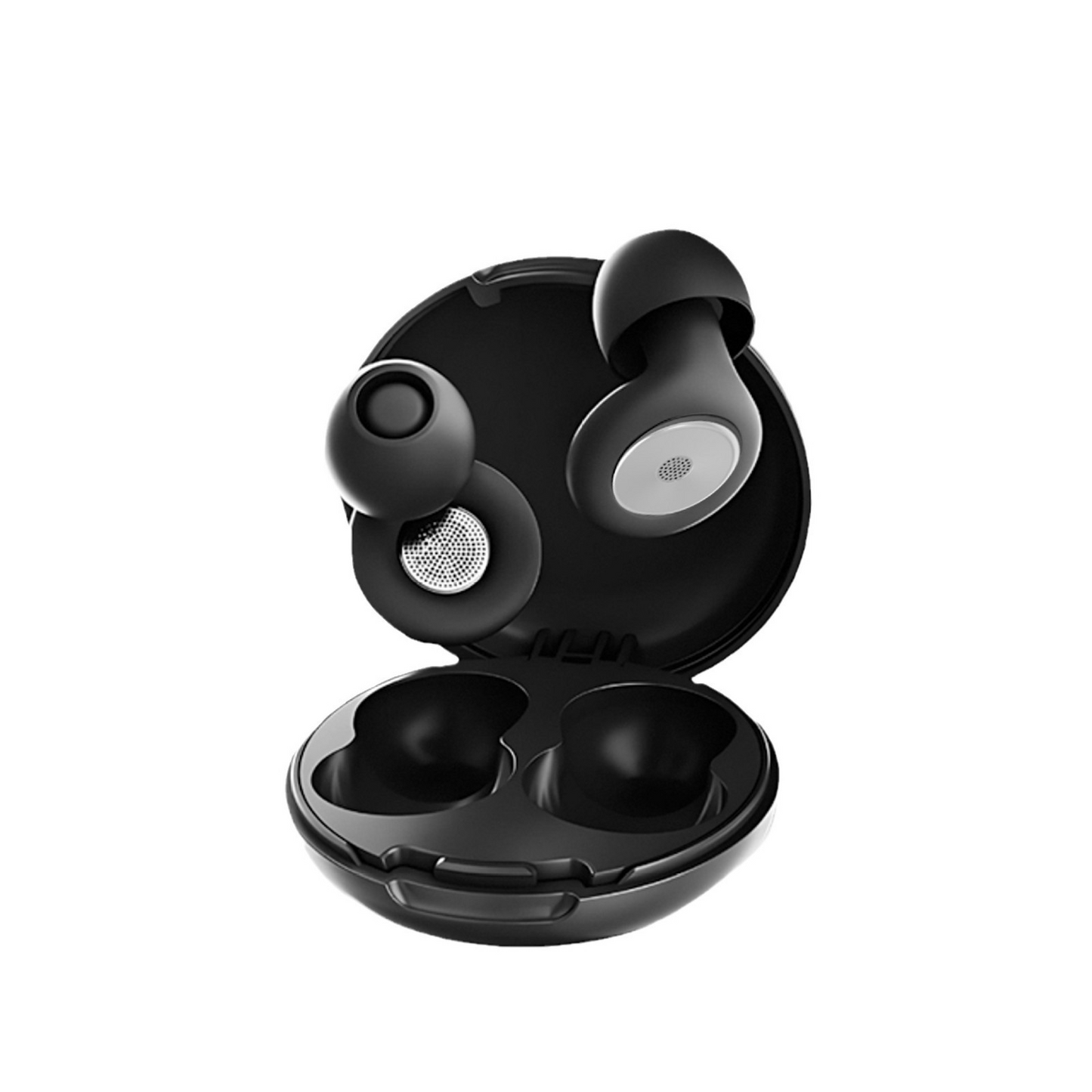 Matte black earplugs with silver mesh centers, resting in an open circular black storage case against a white background.