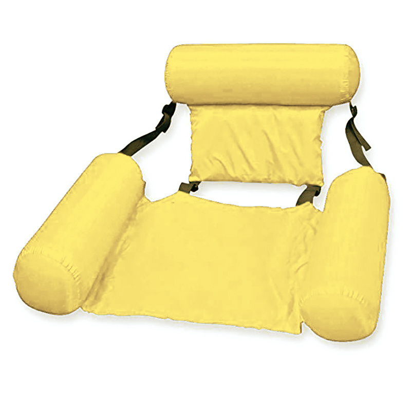 Bright yellow portable water hammock lounger with inflatable side pillows, a headrest, and black adjustable straps.