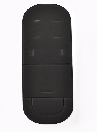 Solid black universal baby stroller seat cushion with multiple harness slots on a white background.