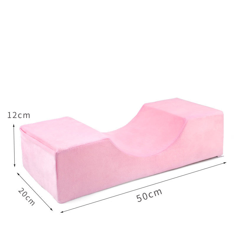 Pink U-shaped velvet lash pillow for salon use, showing 50cm length, 20cm width, and 12cm height dimensions.