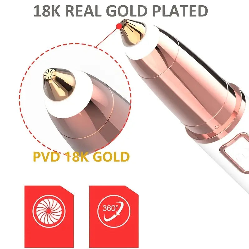SmoothBrow hair remover with 18K gold-plated head, rose gold accents, white body, and 360-degree rotation feature.