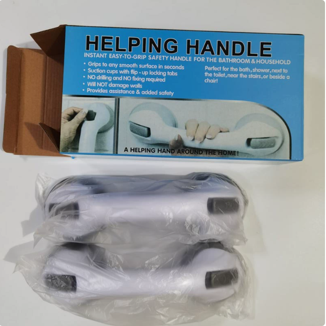 Two white plastic suction-cup safety grab bars in plastic wrap, pictured with their blue packaging box.