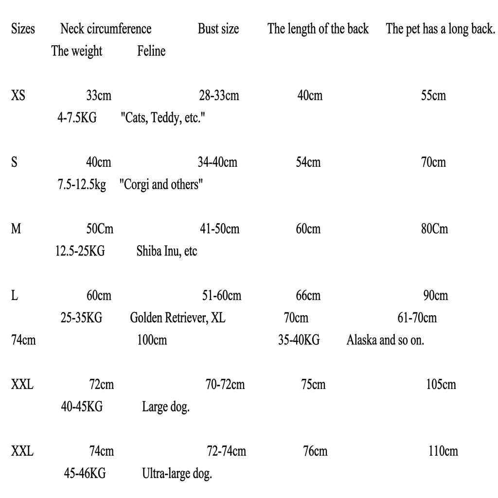 Size chart for pet bathrobe with neck, bust, and back length measurements for sizes XS to XXL based on pet weight.
