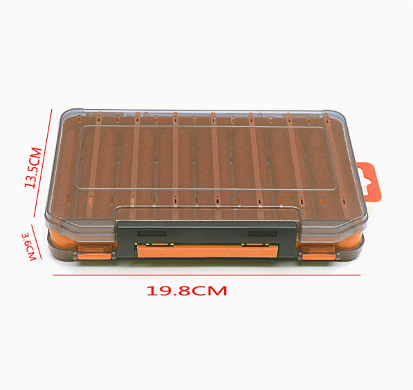 Tough twin-sided fishing tackle organizer with a smoky translucent lid, orange interior inserts, and black latches.