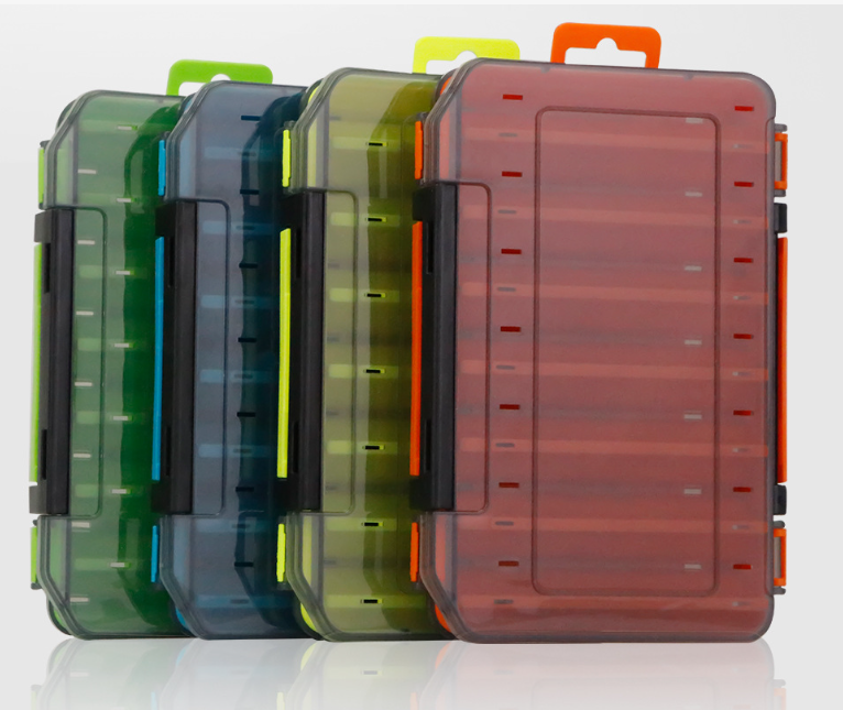 Four translucent twin-sided tackle boxes with black hinges, colored accents, and top carry handles on a white background.