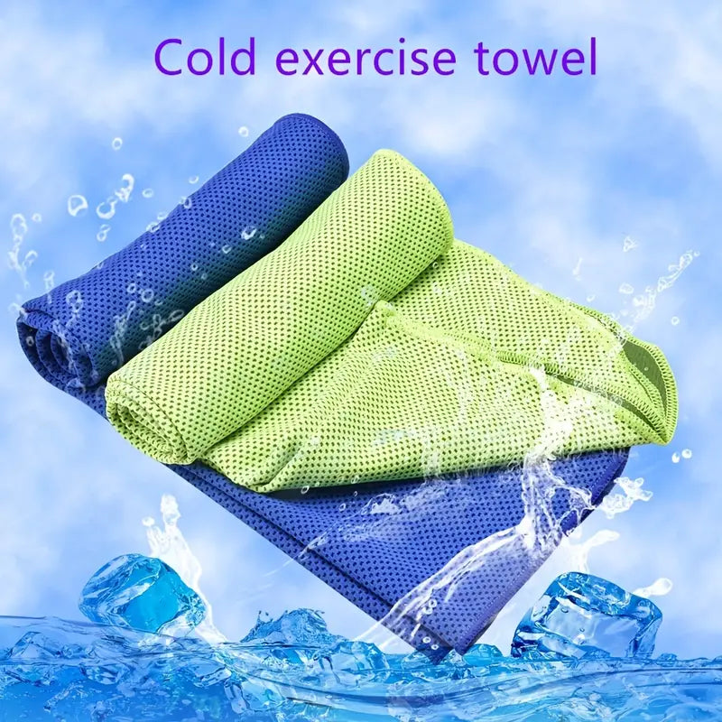 Blue and lime green mesh SwiftCool exercise towels layered against a splashing water background with ice cubes.