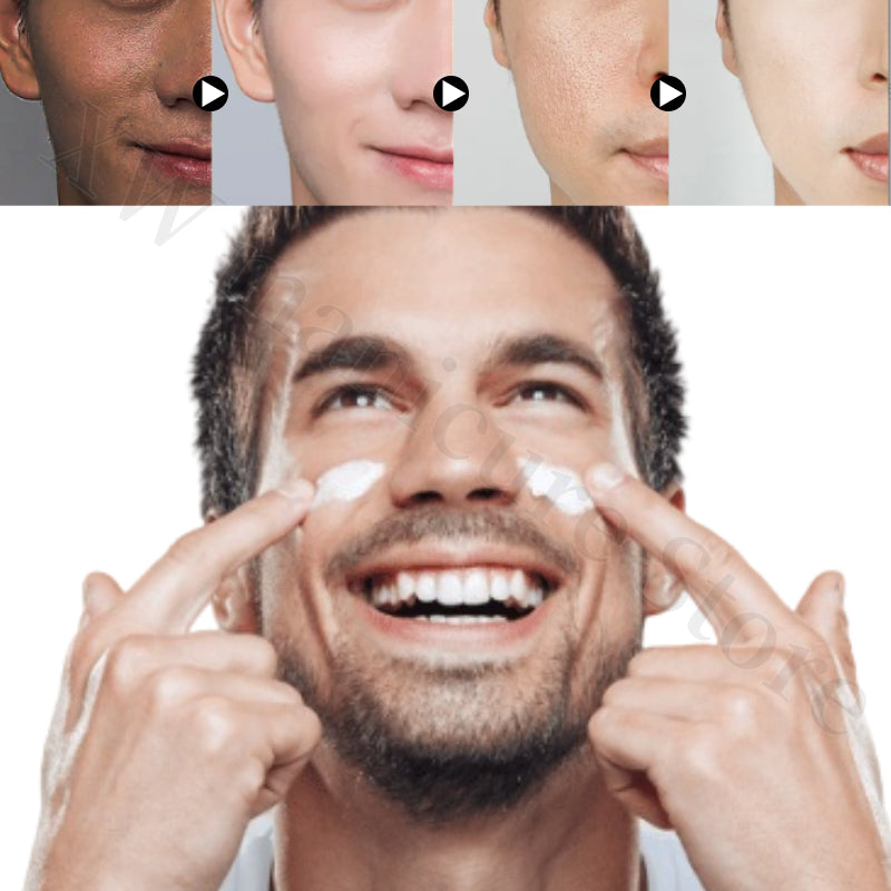 Man applying white BB cream to cheeks, with before-and-after skin texture comparisons above him.