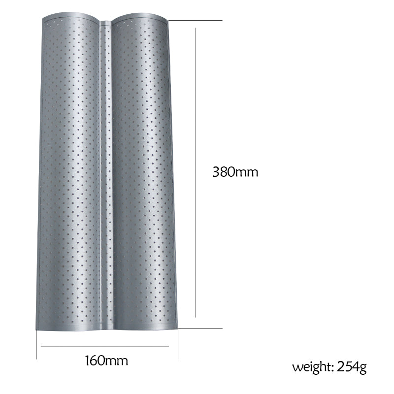 Silver perforated baguette baking tray with two channels, showing 380mm length and 160mm width measurements.