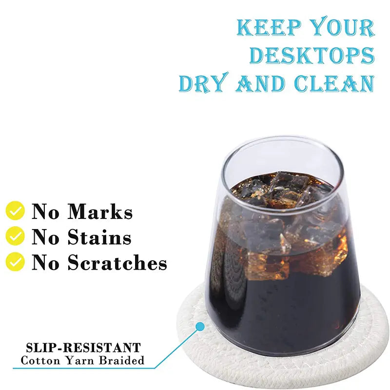 White braided cotton yarn coaster under a glass of iced soda, highlighting slip-resistant, absorbent material.