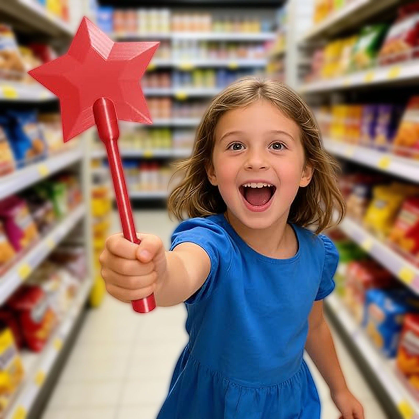Excited girl in a blue dress holding a bright red star-shaped Magic Tap payment wand in a grocery store aisle.